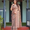 Mocha Brown Floral Printed Silk Saree with Striped Border & Tassel Pallu