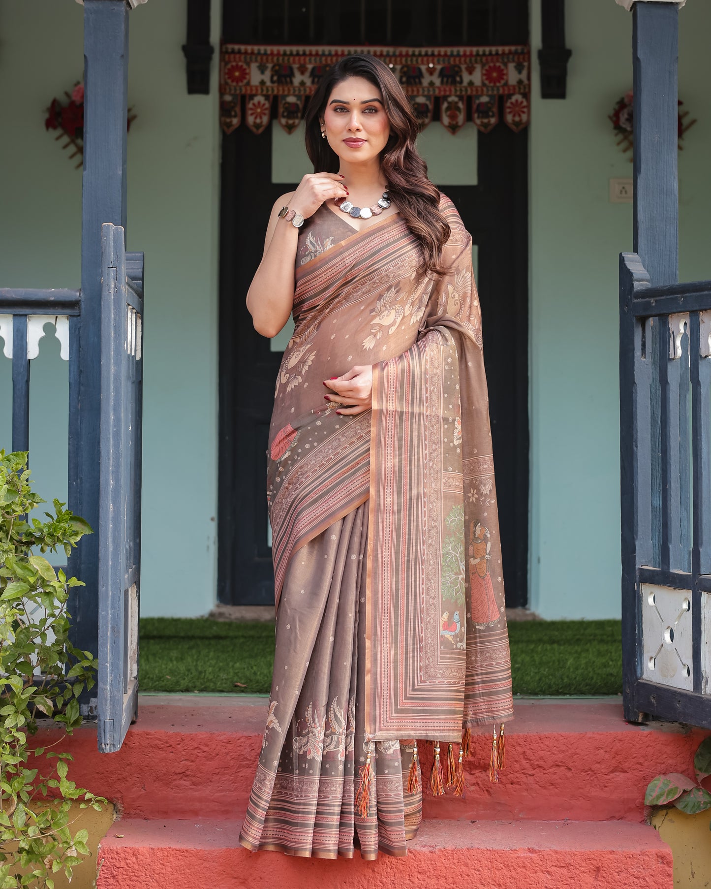 Mocha Brown Floral Printed Silk Saree with Striped Border & Tassel Pallu