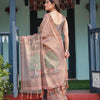 Mocha Brown Floral Printed Silk Saree with Striped Border & Tassel Pallu