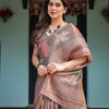 Mocha Brown Floral Printed Silk Saree with Striped Border & Tassel Pallu