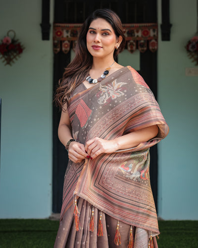 Mocha Brown Floral Printed Silk Saree with Striped Border & Tassel Pallu