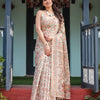 Ivory Beige Floral Printed Silk Saree with Elegant Border & Tassel Pallu