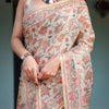 Ivory Beige Floral Printed Silk Saree with Elegant Border & Tassel Pallu