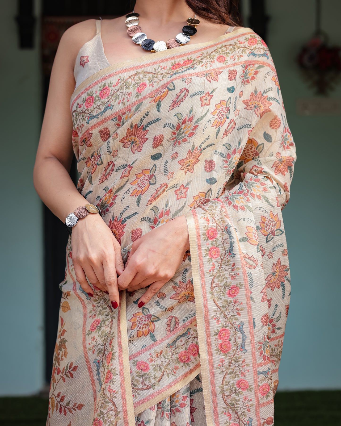 Ivory Beige Floral Printed Silk Saree with Elegant Border & Tassel Pallu