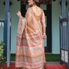 Mustard Brown Printed Silk Saree with Traditional Border & Storytelling Pallu