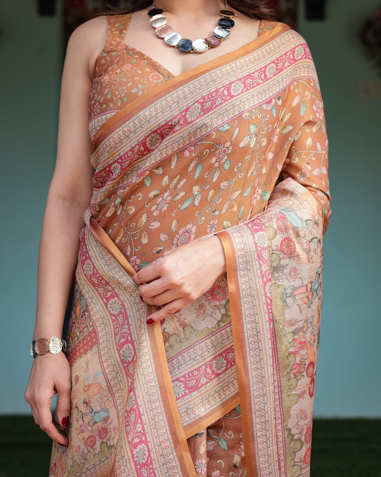 Mustard Brown Printed Silk Saree with Traditional Border & Storytelling Pallu