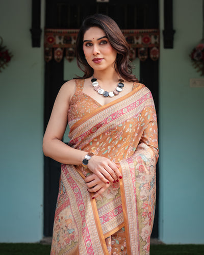 Mustard Brown Printed Silk Saree with Traditional Border & Storytelling Pallu