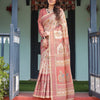Peach & Rose Printed Silk Saree with Traditional Border and Artistic Pallu