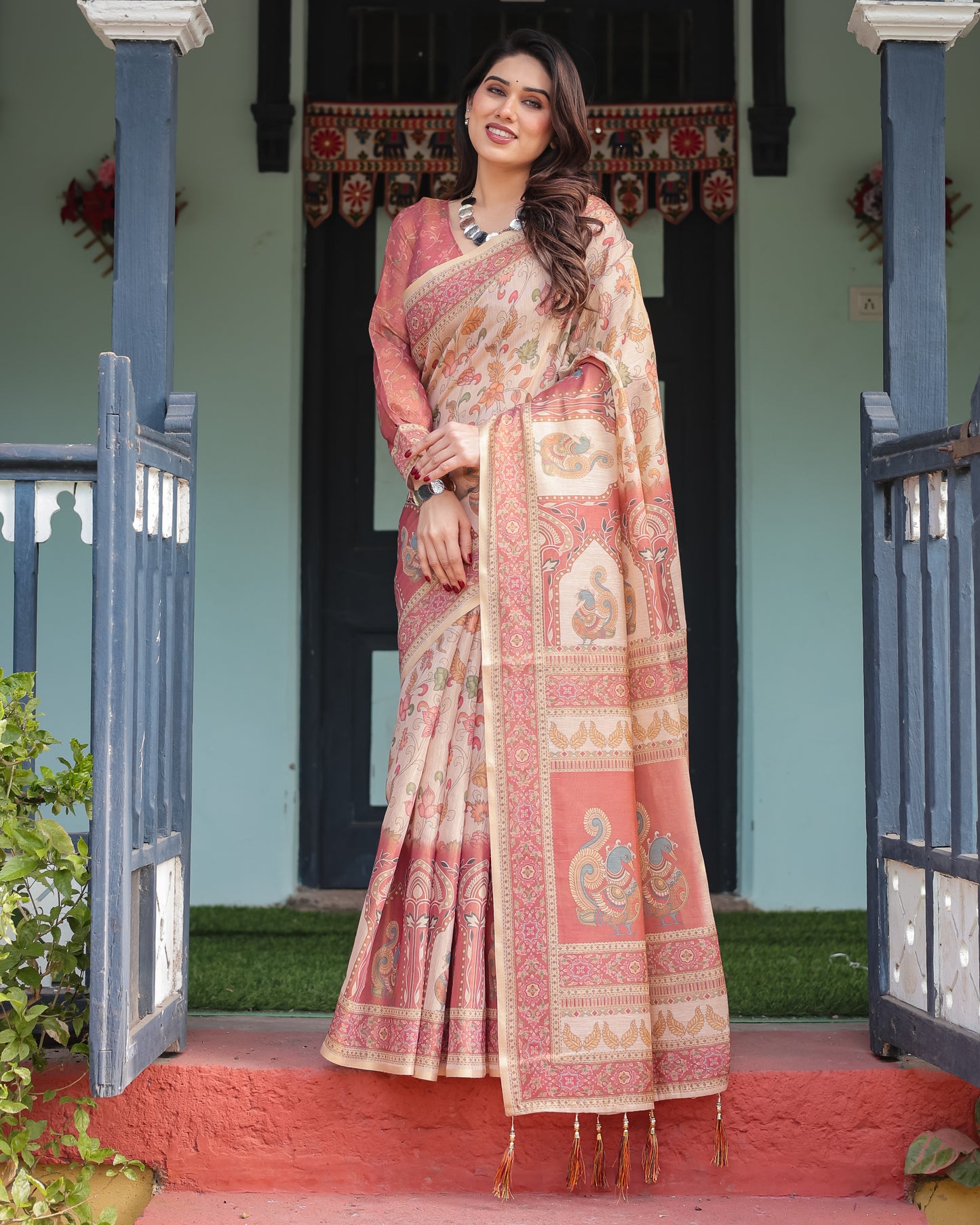 Peach & Rose Printed Silk Saree with Traditional Border and Artistic Pallu