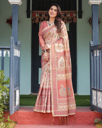 Peach & Rose Printed Silk Saree with Traditional Border and Artistic Pallu