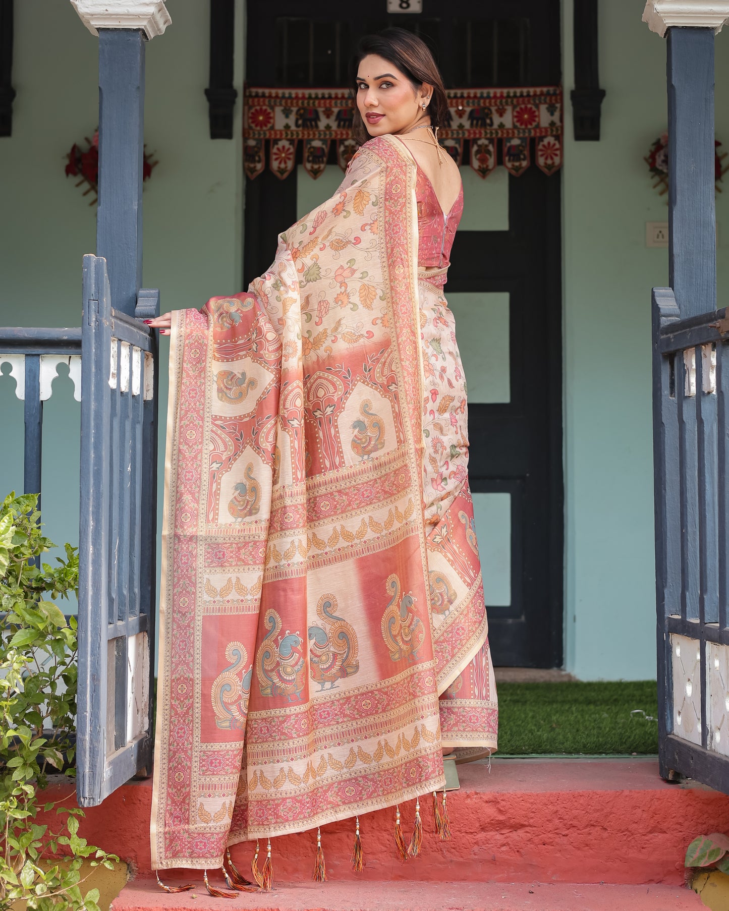 Peach & Rose Printed Silk Saree with Traditional Border and Artistic Pallu
