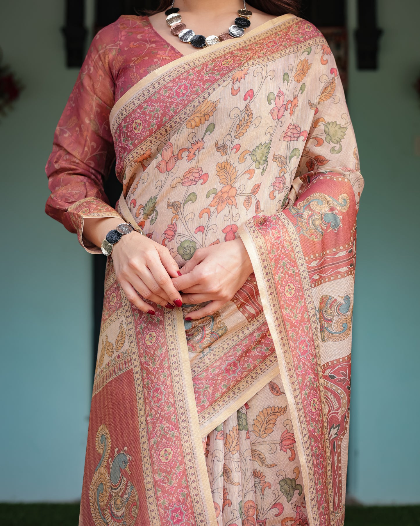 Peach & Rose Printed Silk Saree with Traditional Border and Artistic Pallu