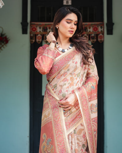 Peach & Rose Printed Silk Saree with Traditional Border and Artistic Pallu