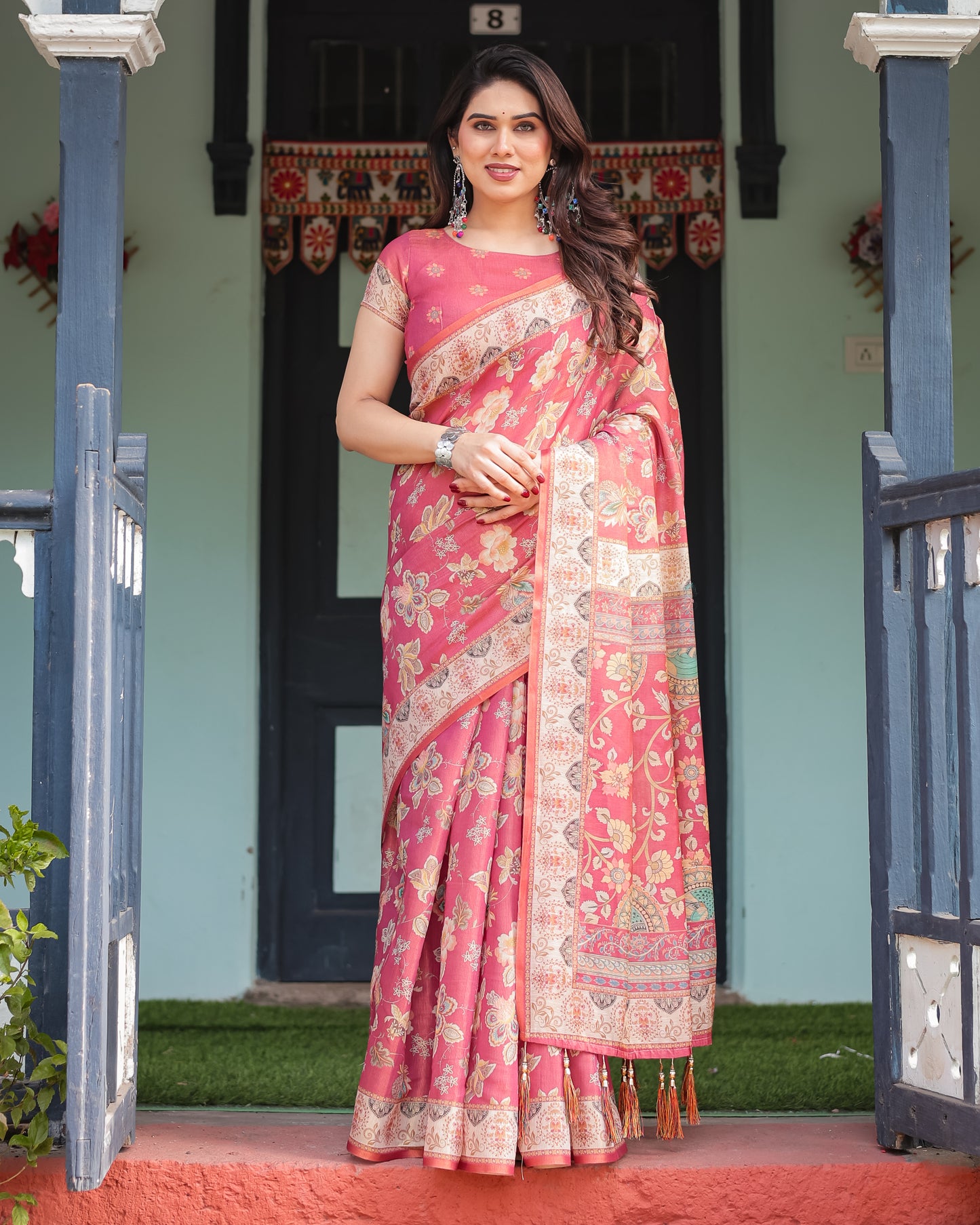 Rose Pink Floral Printed Silk Saree with Elegant Border & Designer Pallu