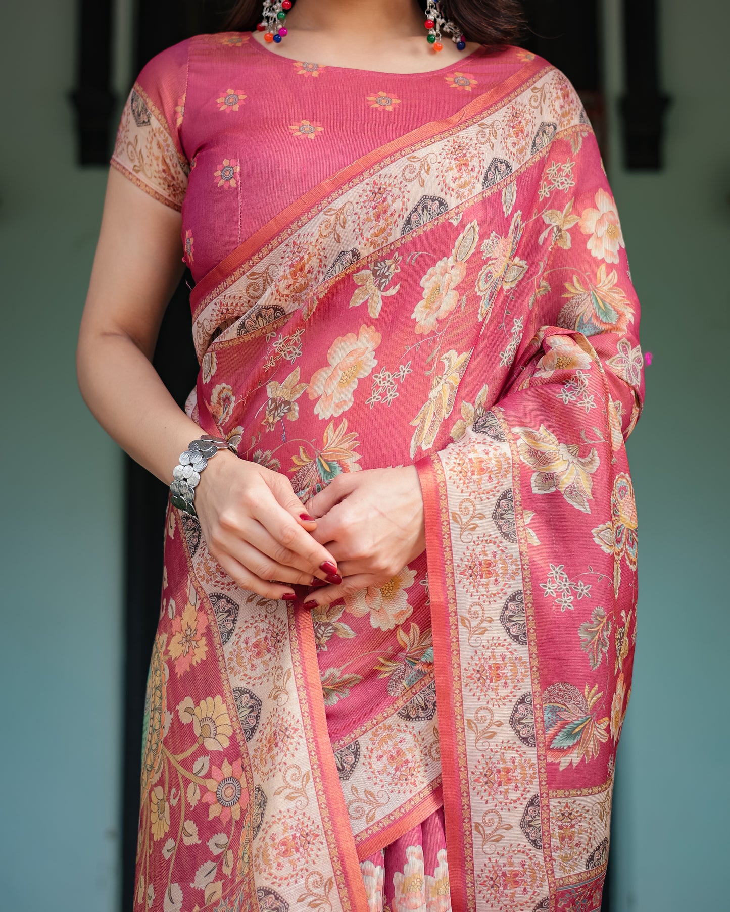 Rose Pink Floral Printed Silk Saree with Elegant Border & Designer Pallu