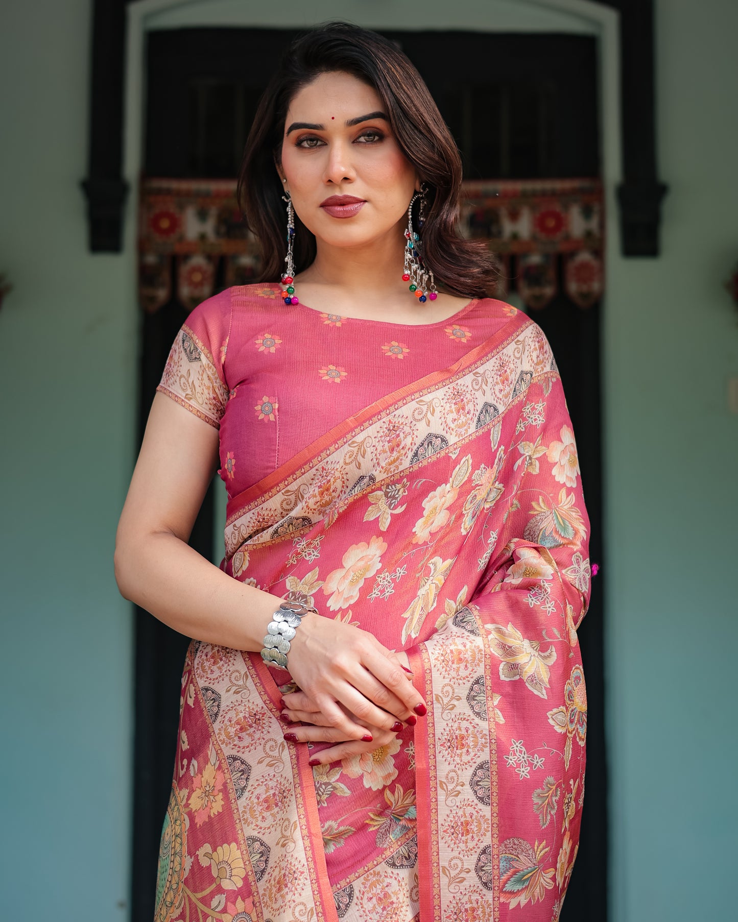 Rose Pink Floral Printed Silk Saree with Elegant Border & Designer Pallu