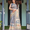 Slate Blue Handcrafted Printed Silk Saree with Heritage Motifs & Scenic Designer Pallu
