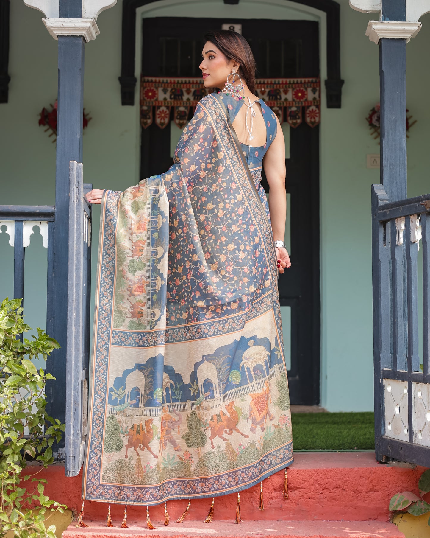 Slate Blue Handcrafted Printed Silk Saree with Heritage Motifs & Scenic Designer Pallu
