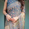 Slate Blue Handcrafted Printed Silk Saree with Heritage Motifs & Scenic Designer Pallu