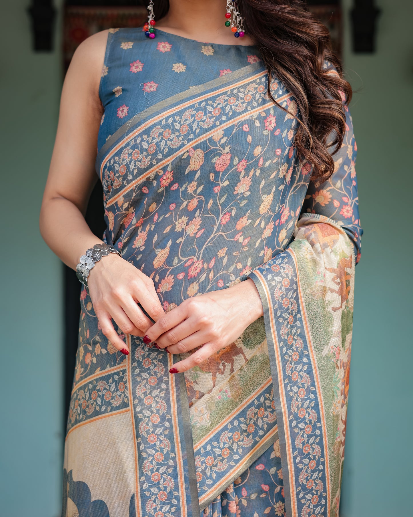 Slate Blue Handcrafted Printed Silk Saree with Heritage Motifs & Scenic Designer Pallu