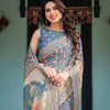 Slate Blue Handcrafted Printed Silk Saree with Heritage Motifs & Scenic Designer Pallu