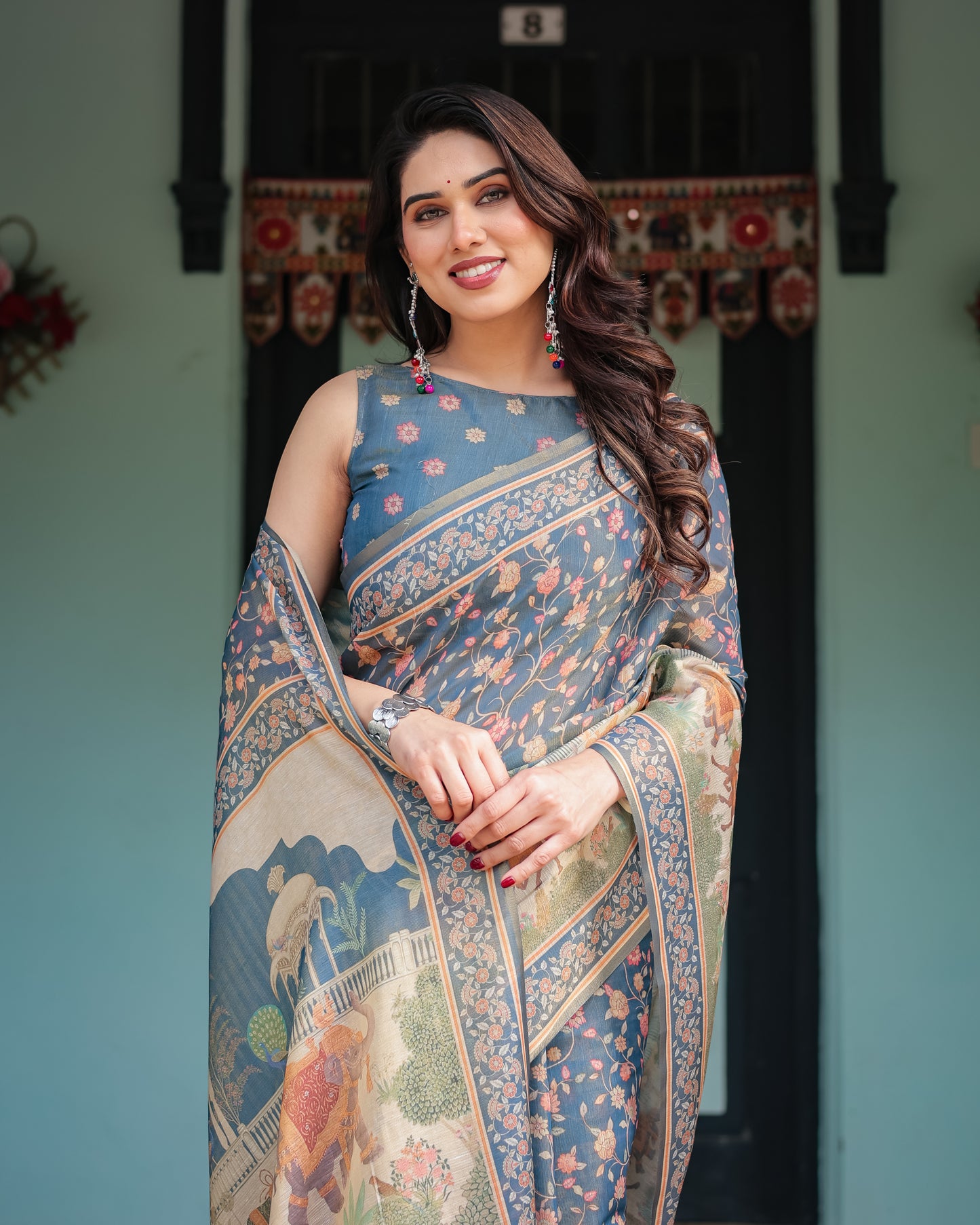 Slate Blue Handcrafted Printed Silk Saree with Heritage Motifs & Scenic Designer Pallu