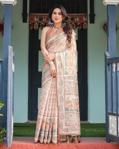 Ivory Beige Handcrafted Printed Silk Saree with Traditional Motifs & Designer Pallu