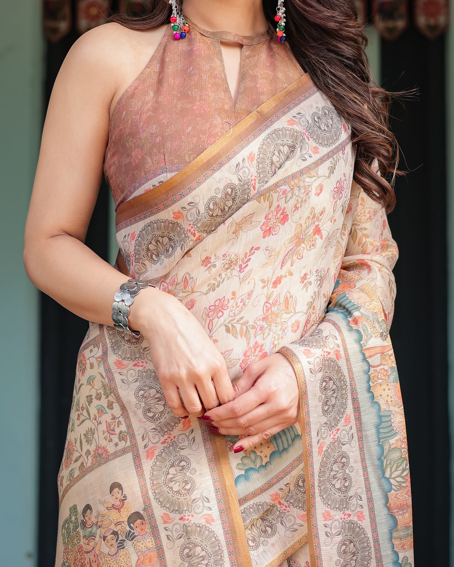 Ivory Beige Handcrafted Printed Silk Saree with Traditional Motifs & Designer Pallu