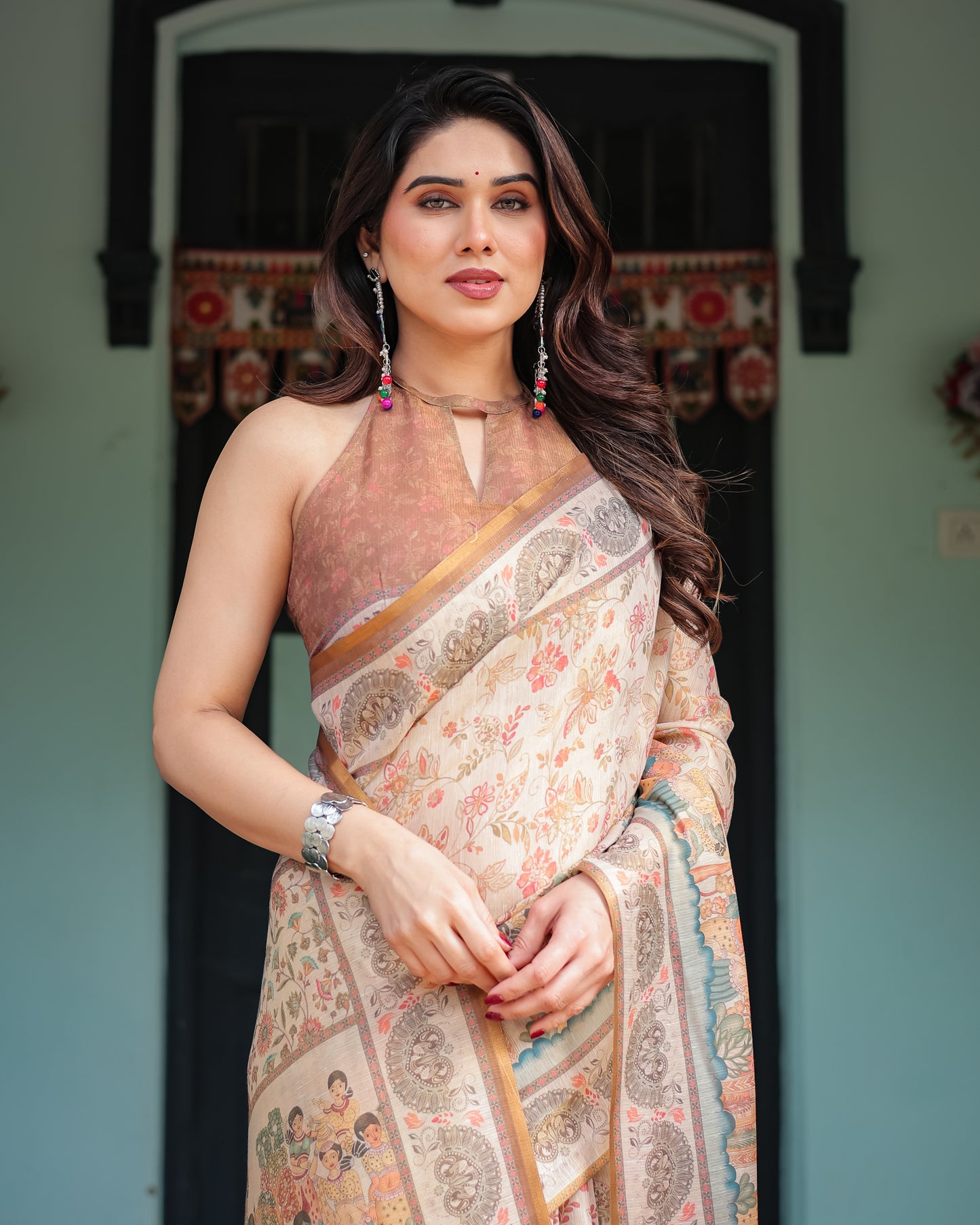 Ivory Beige Handcrafted Printed Silk Saree with Traditional Motifs & Designer Pallu