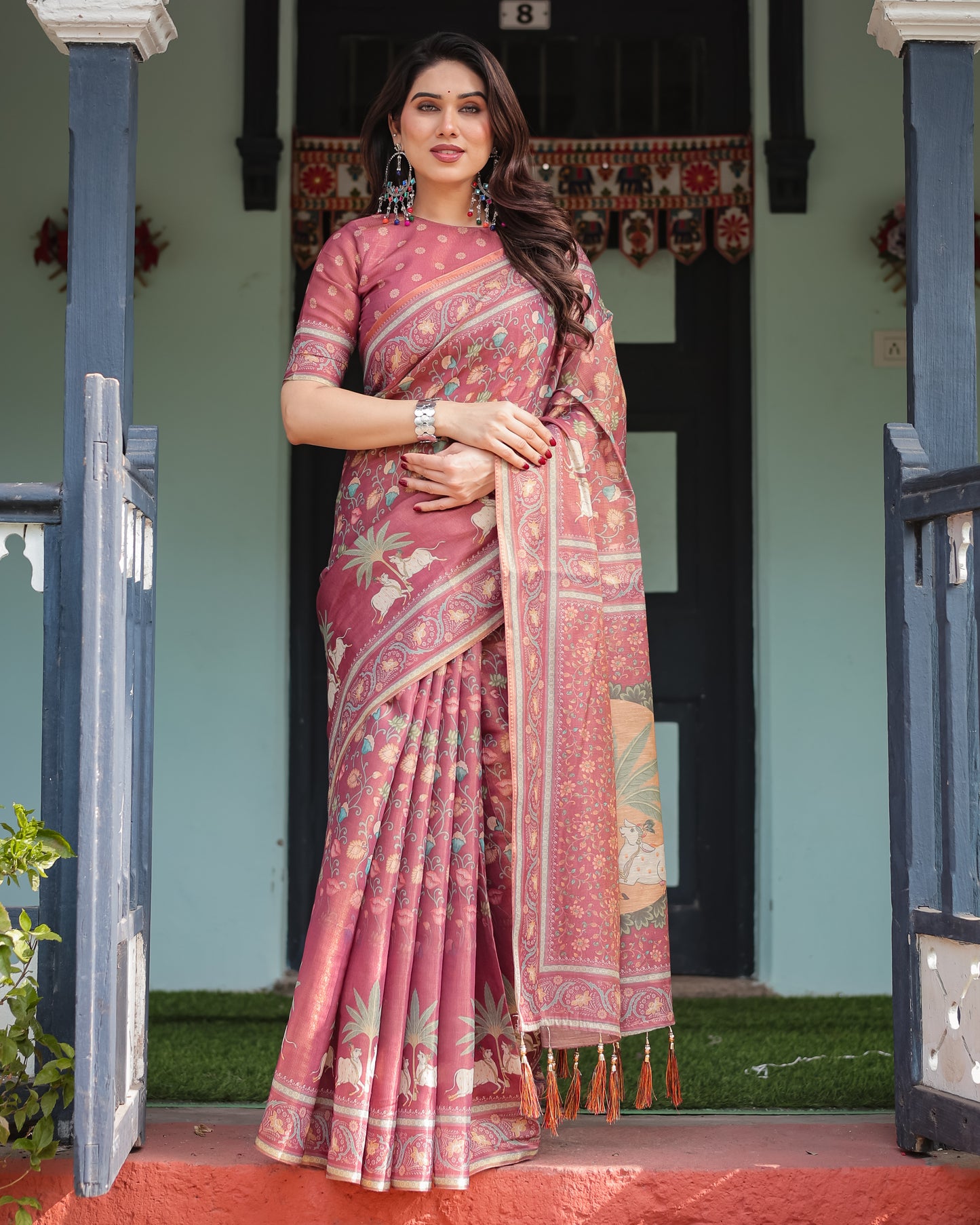 Rosewood Pink Kalamkari Inspired Printed Saree with Folk Motifs & Ornate Tassel Pallu