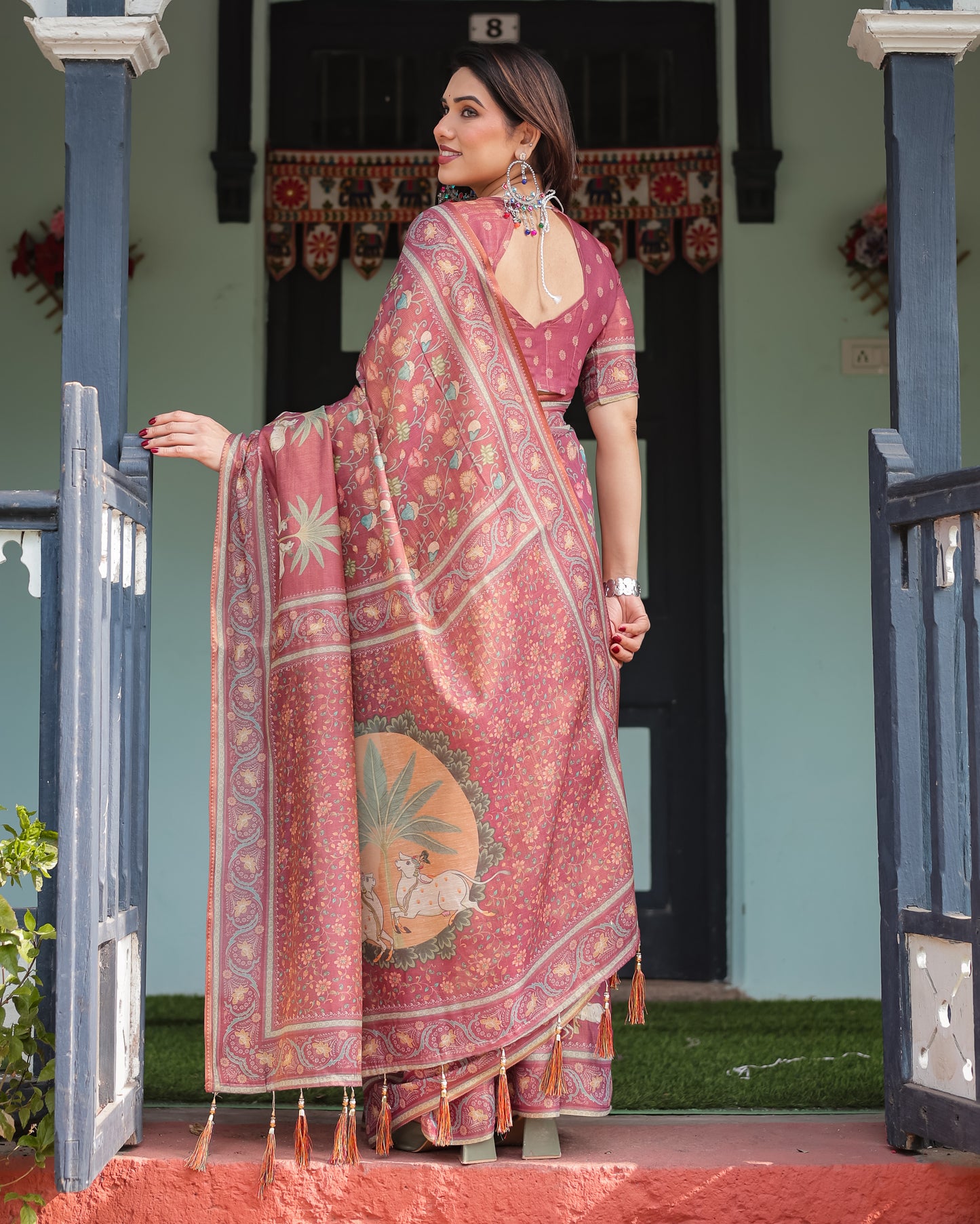 Rosewood Pink Kalamkari Inspired Printed Saree with Folk Motifs & Ornate Tassel Pallu