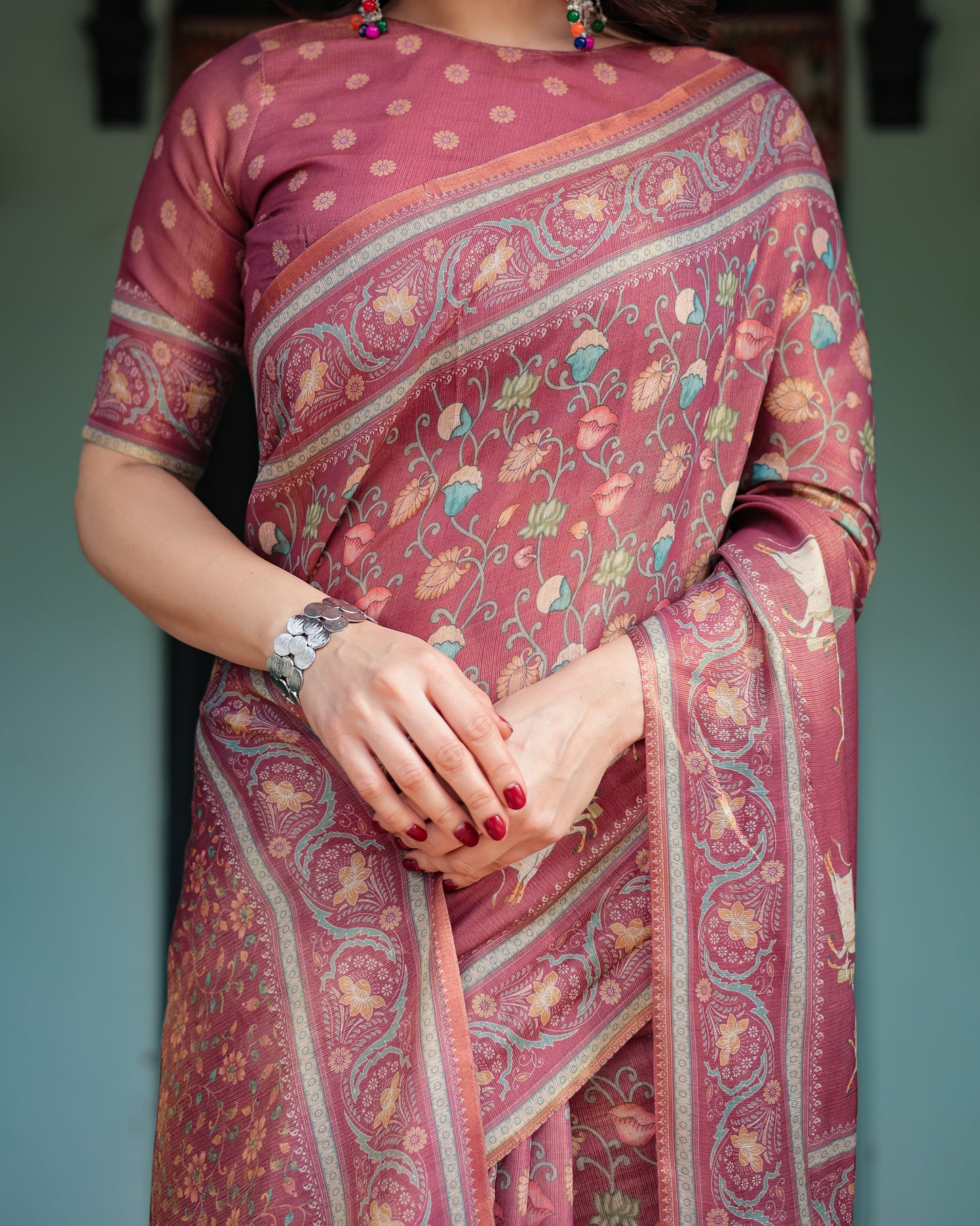 Rosewood Pink Kalamkari Inspired Printed Saree with Folk Motifs & Ornate Tassel Pallu