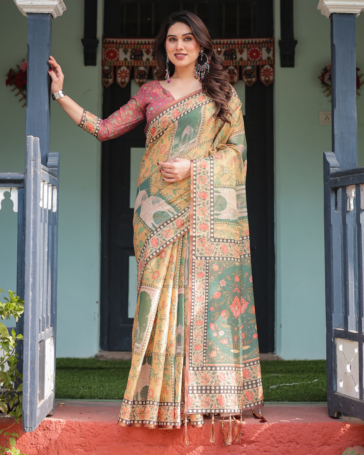 Heritage Green Kalamkari Inspired Printed Saree with Folk Motif Panels & Statement Pallu