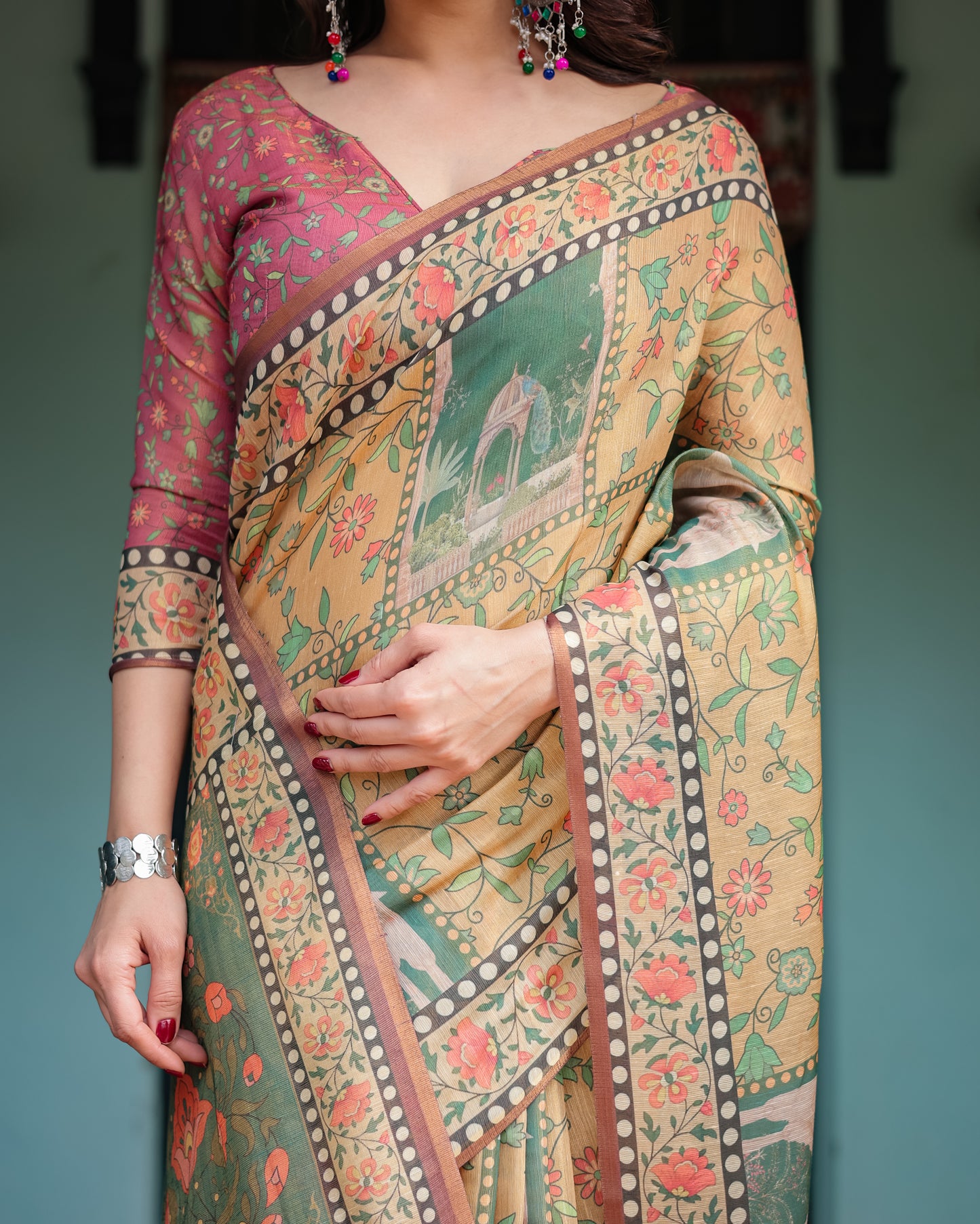 Heritage Green Kalamkari Inspired Printed Saree with Folk Motif Panels & Statement Pallu