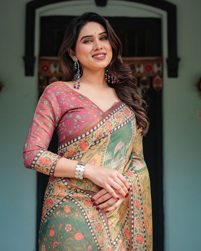 Heritage Green Kalamkari Inspired Printed Saree with Folk Motif Panels & Statement Pallu