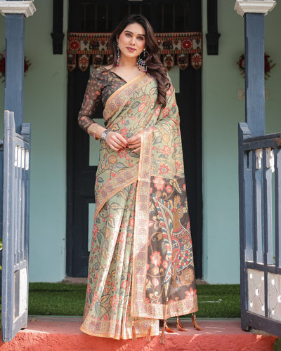 Sage Green Kalamkari Inspired Printed Saree with Ornamental Border & Handcrafted Pallu