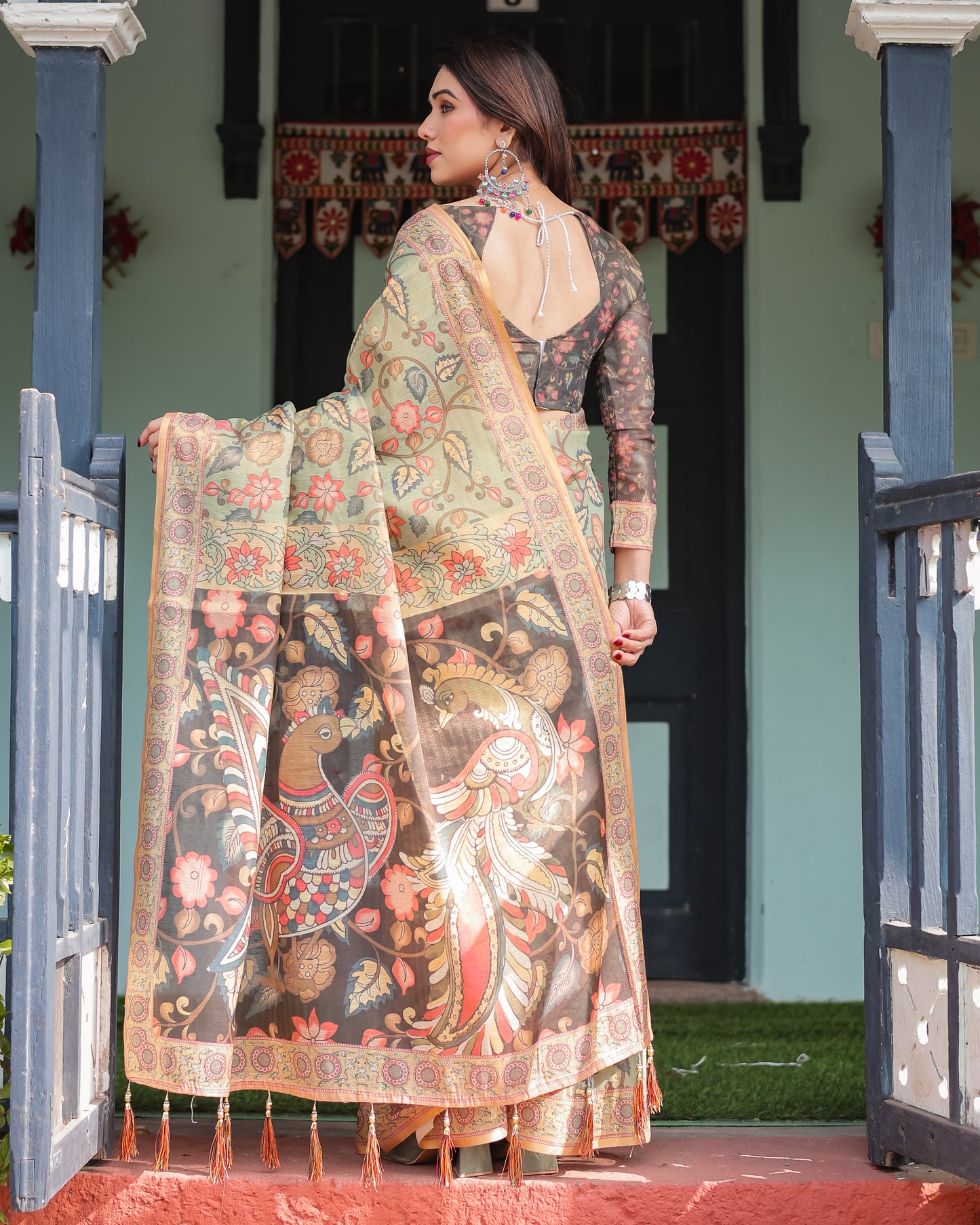 Sage Green Kalamkari Inspired Printed Saree with Ornamental Border & Handcrafted Pallu