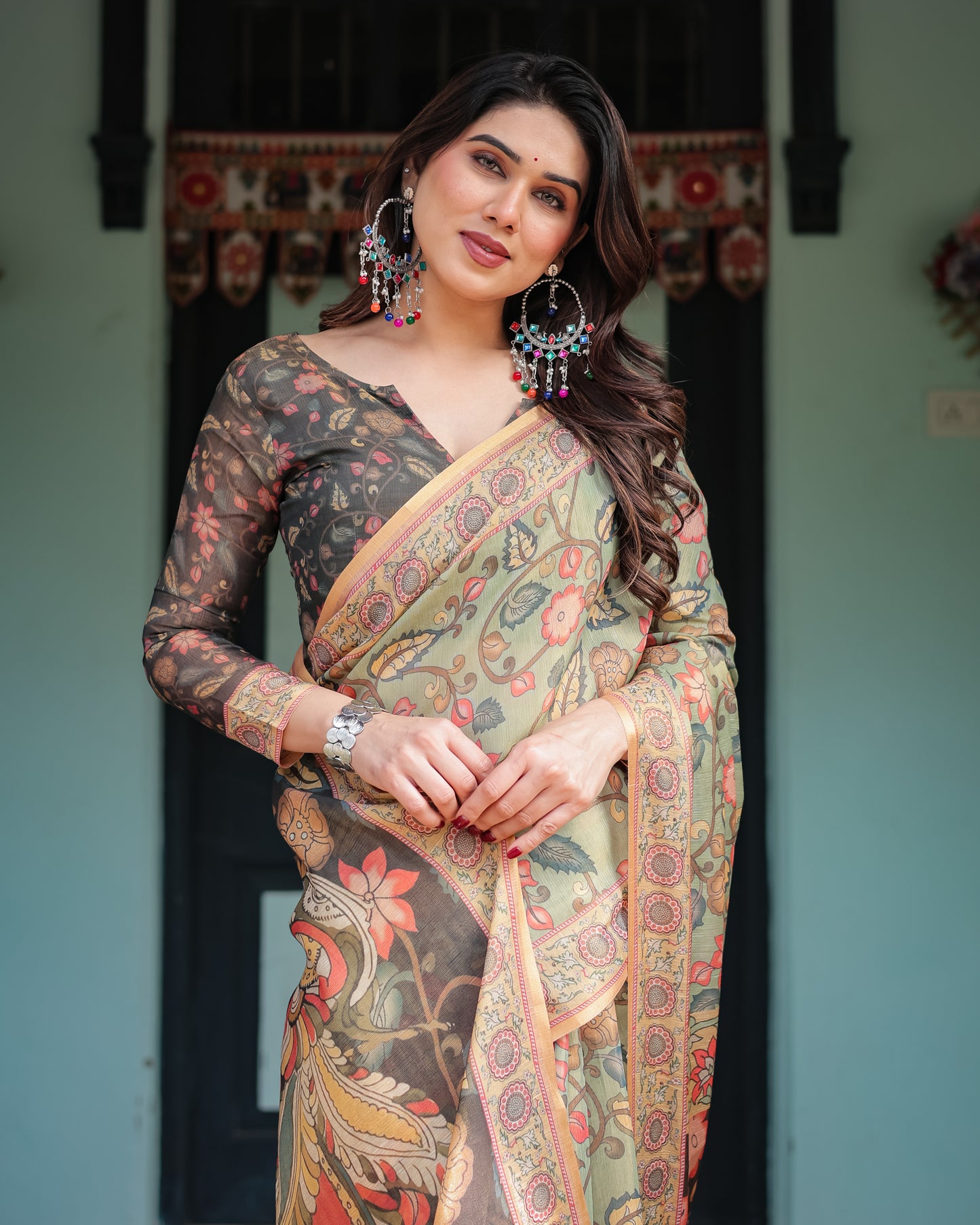 Sage Green Kalamkari Inspired Printed Saree with Ornamental Border & Handcrafted Pallu