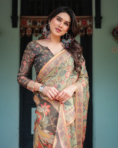Sage Green Kalamkari Inspired Printed Saree with Ornamental Border & Handcrafted Pallu