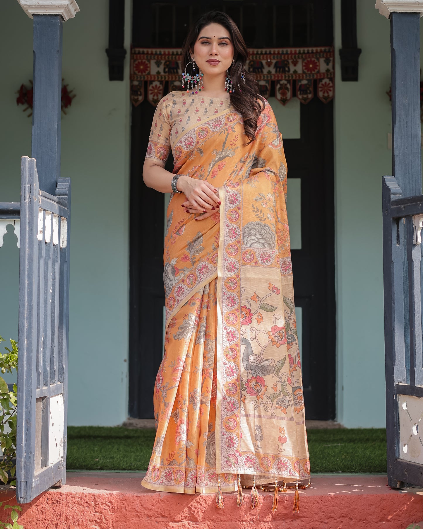 Sunlit Mustard Kalamkari Inspired Printed Saree with Ornamental Border & Artistic Pallu