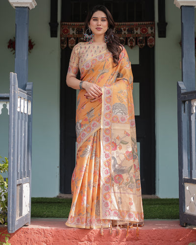 Sunlit Mustard Kalamkari Inspired Printed Saree with Ornamental Border & Artistic Pallu