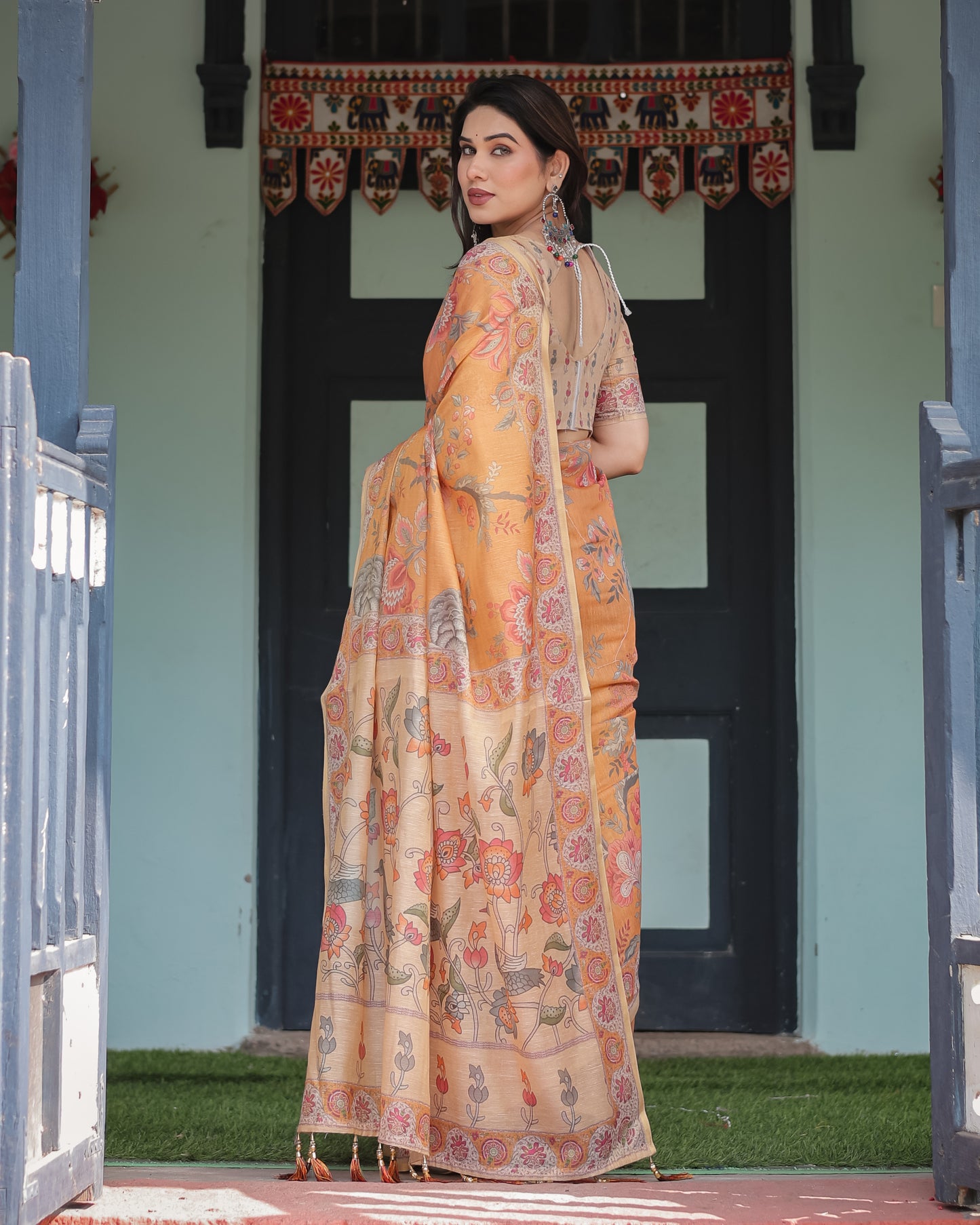 Sunlit Mustard Kalamkari Inspired Printed Saree with Ornamental Border & Artistic Pallu