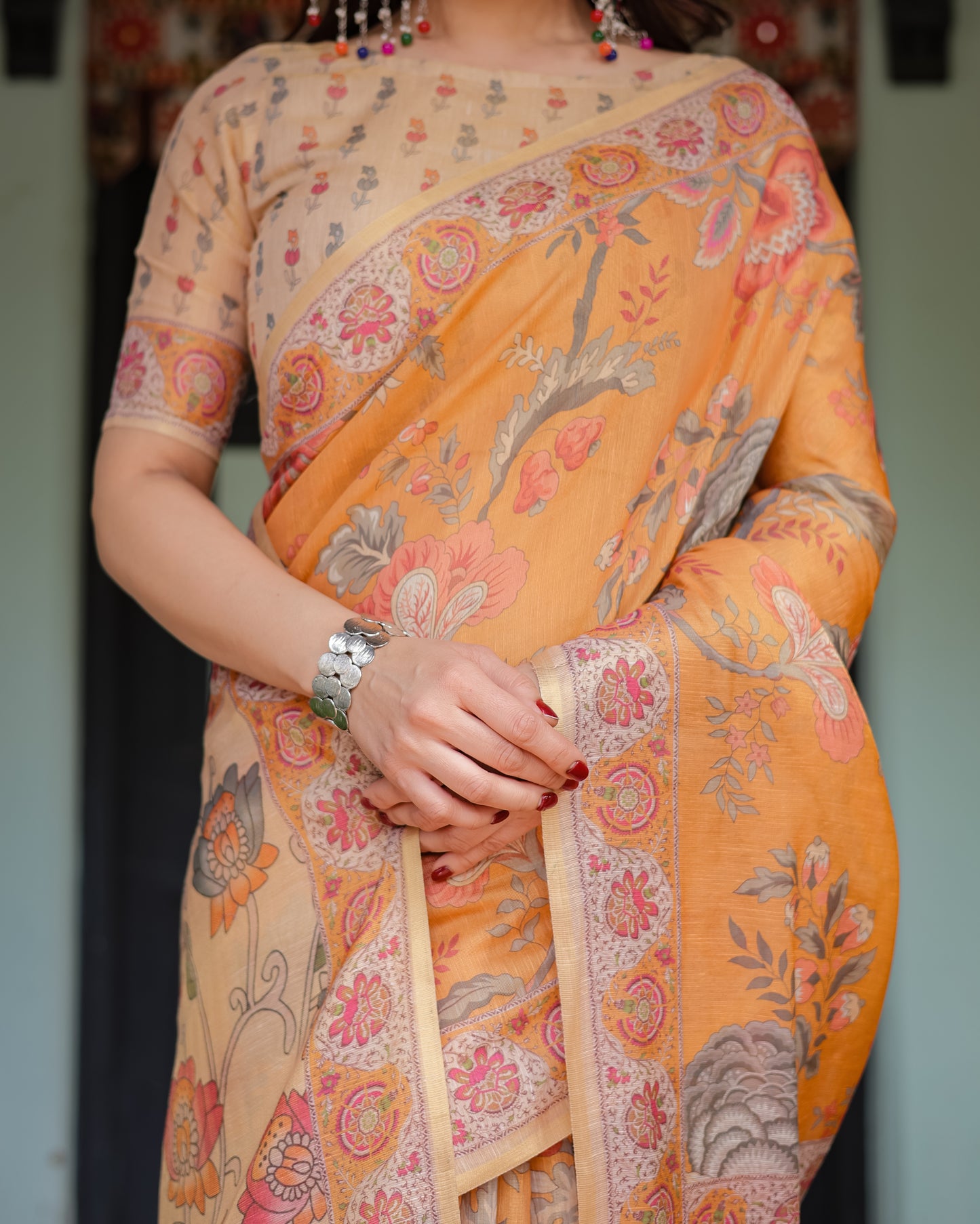 Sunlit Mustard Kalamkari Inspired Printed Saree with Ornamental Border & Artistic Pallu