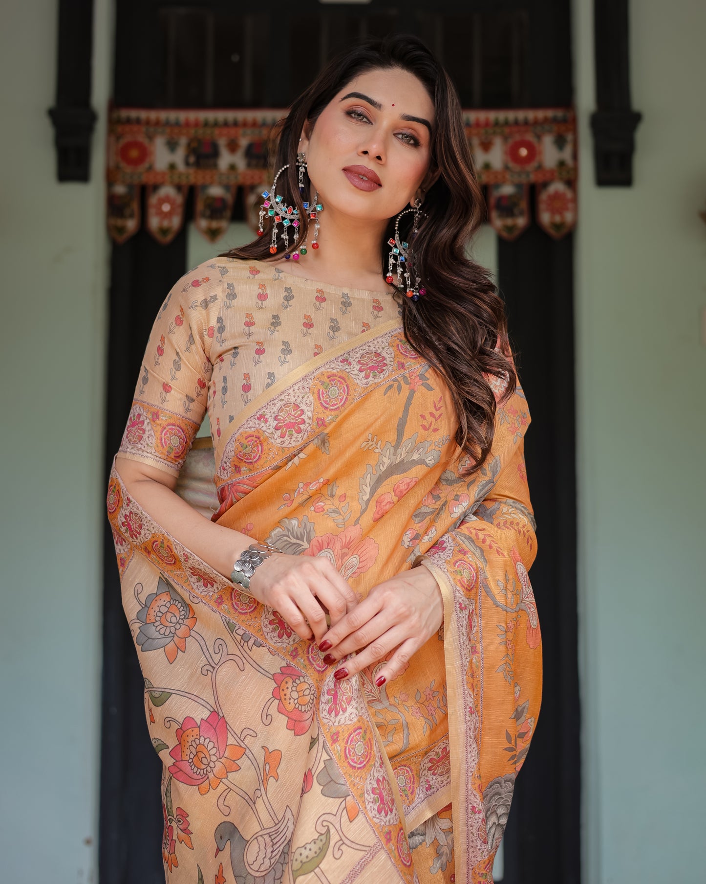Sunlit Mustard Kalamkari Inspired Printed Saree with Ornamental Border & Artistic Pallu