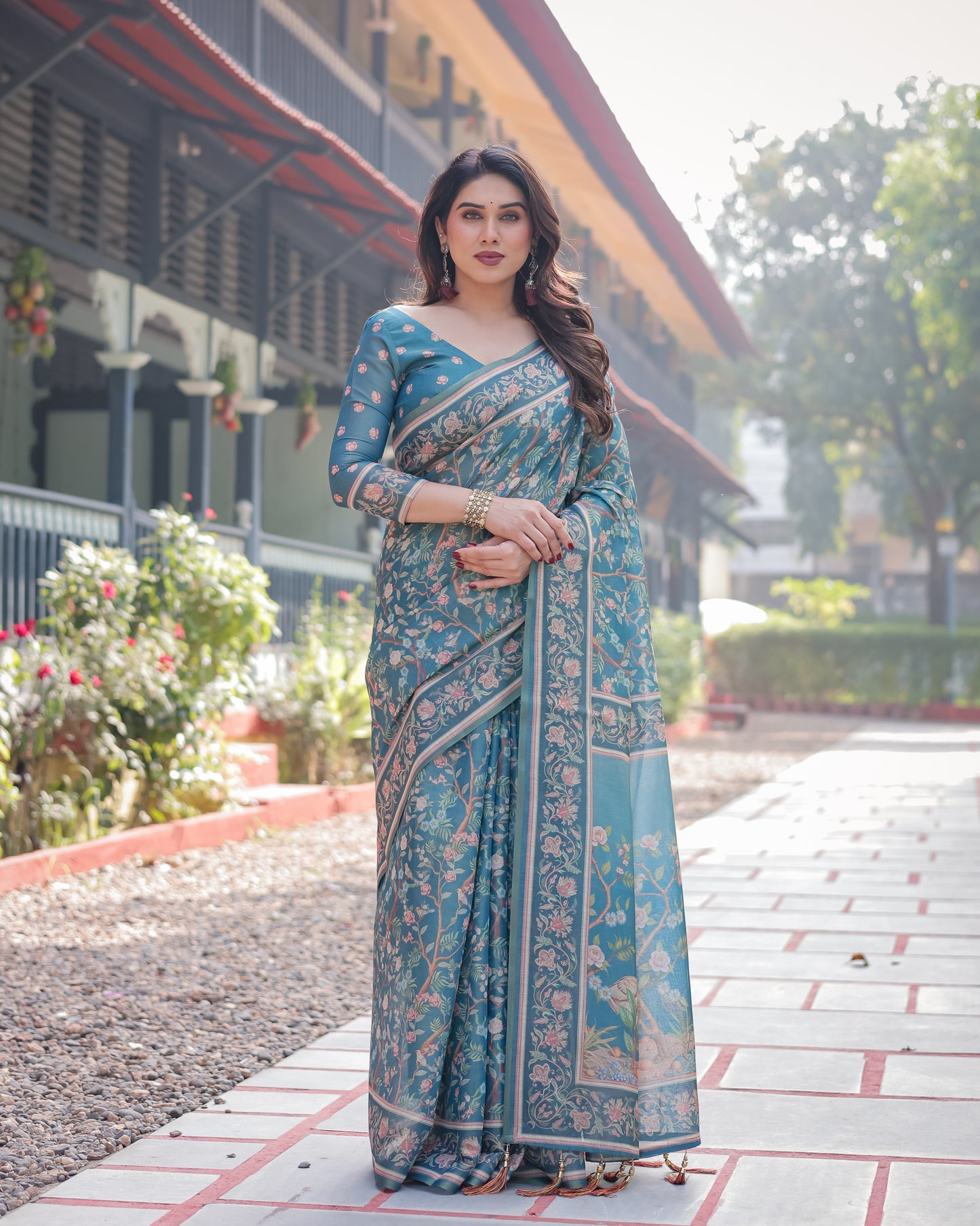 Teal Blue Floral Printed Silk Saree with Elegant Border & Artistic Pallu