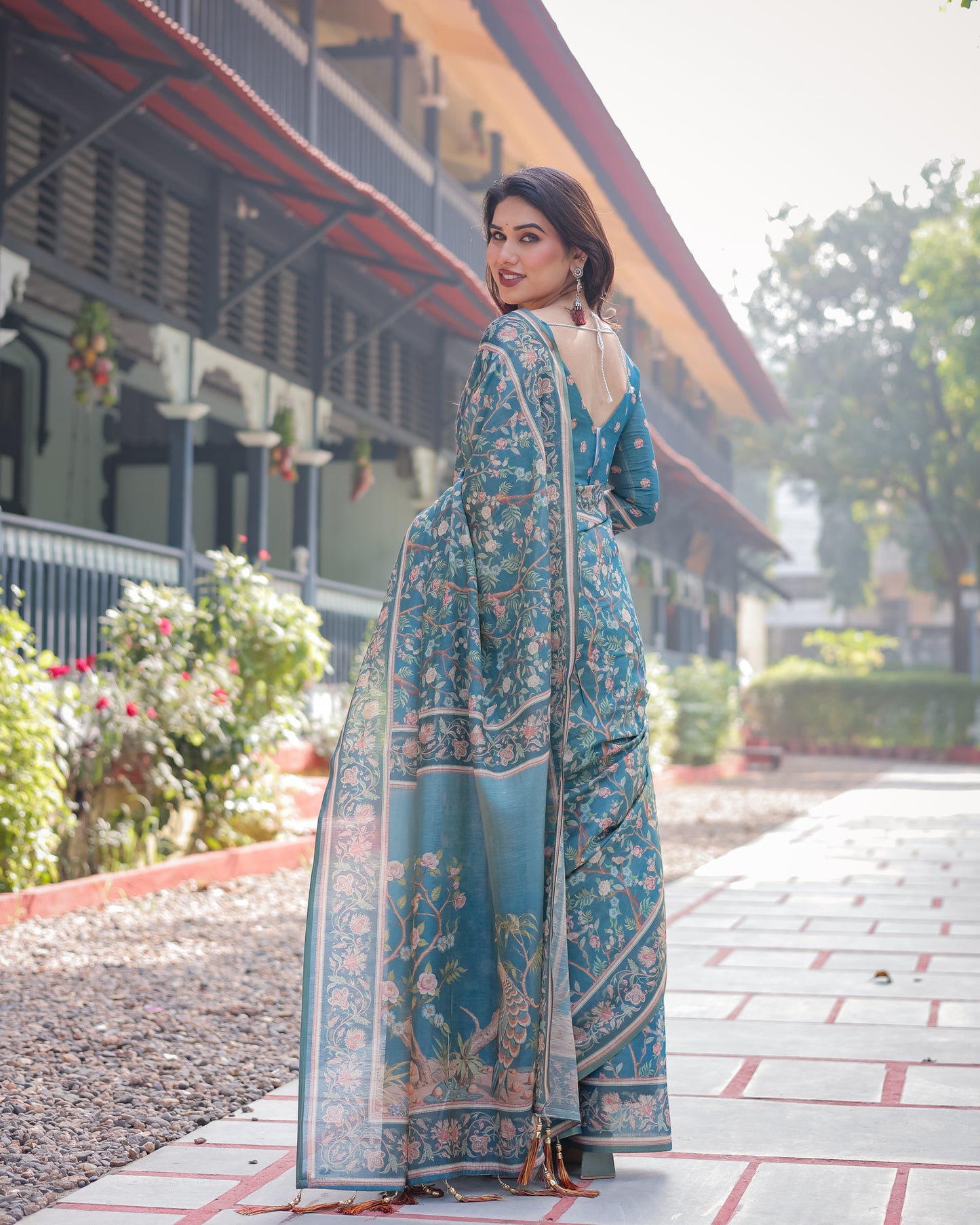 Teal Blue Floral Printed Silk Saree with Elegant Border & Artistic Pallu