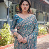 Teal Blue Floral Printed Silk Saree with Elegant Border & Artistic Pallu