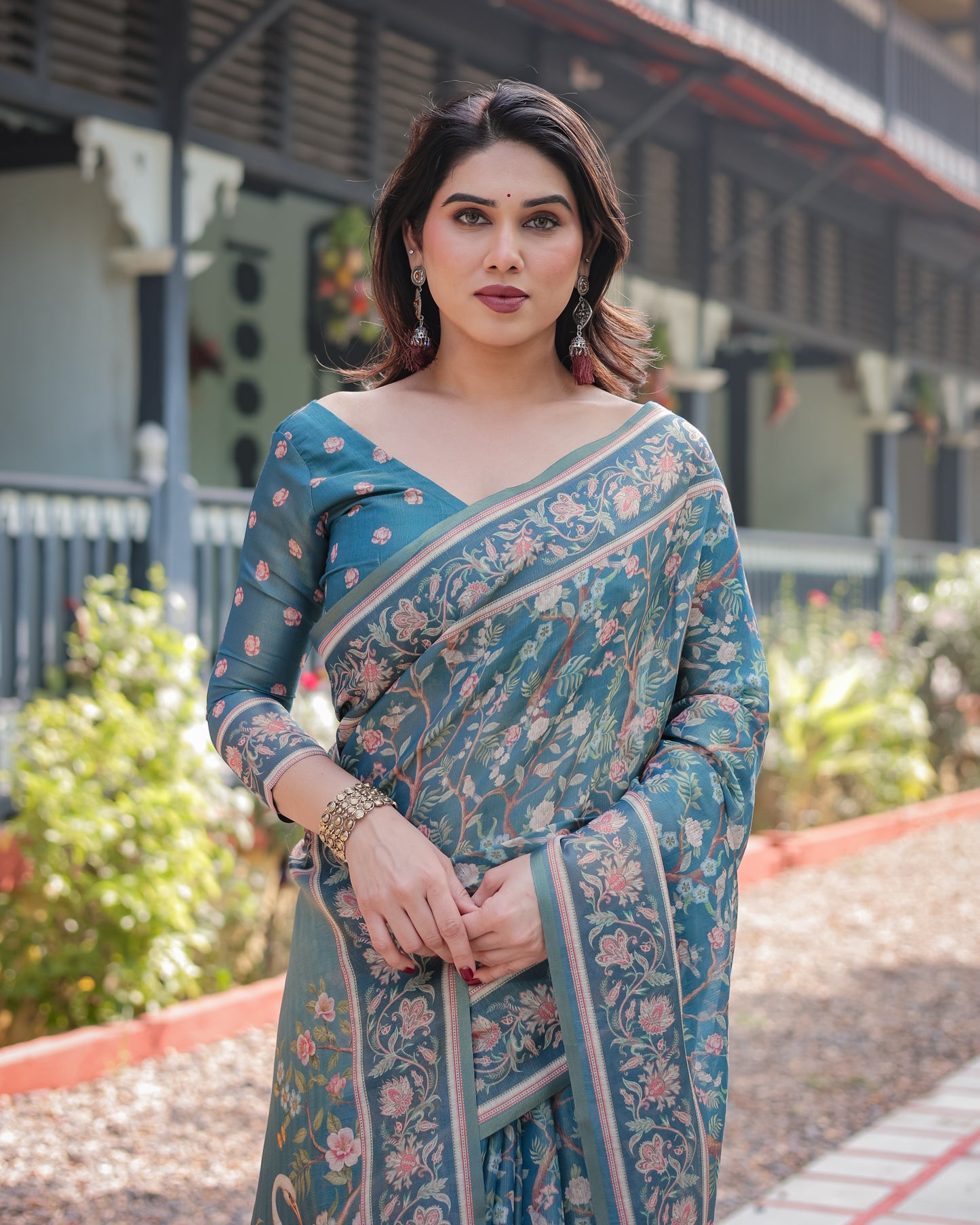 Teal Blue Floral Printed Silk Saree with Elegant Border & Artistic Pallu