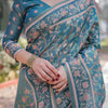 Teal Blue Floral Printed Silk Saree with Elegant Border & Artistic Pallu