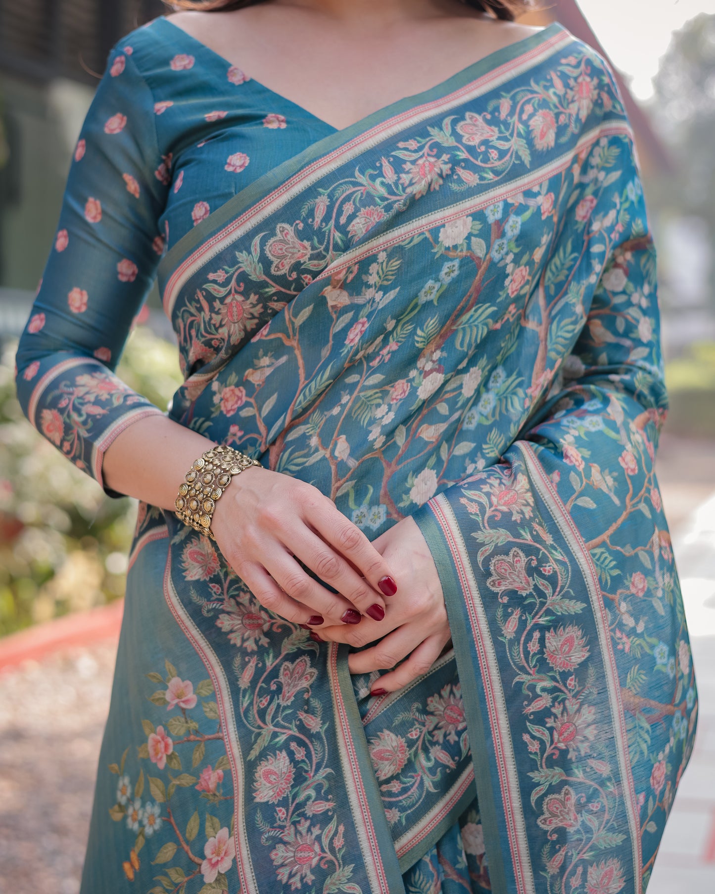 Teal Blue Floral Printed Silk Saree with Elegant Border & Artistic Pallu